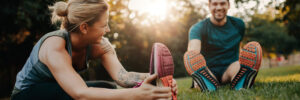 man and woman stretching on grass