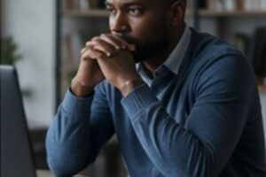 Man in sweater thinking deeply and feeling anxiety