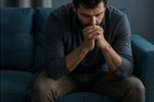 Man sitting on the couch struggling with his thoughts