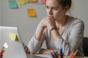 Adult woman with ADHD focused at her laptop surrounded by sticky note reminders