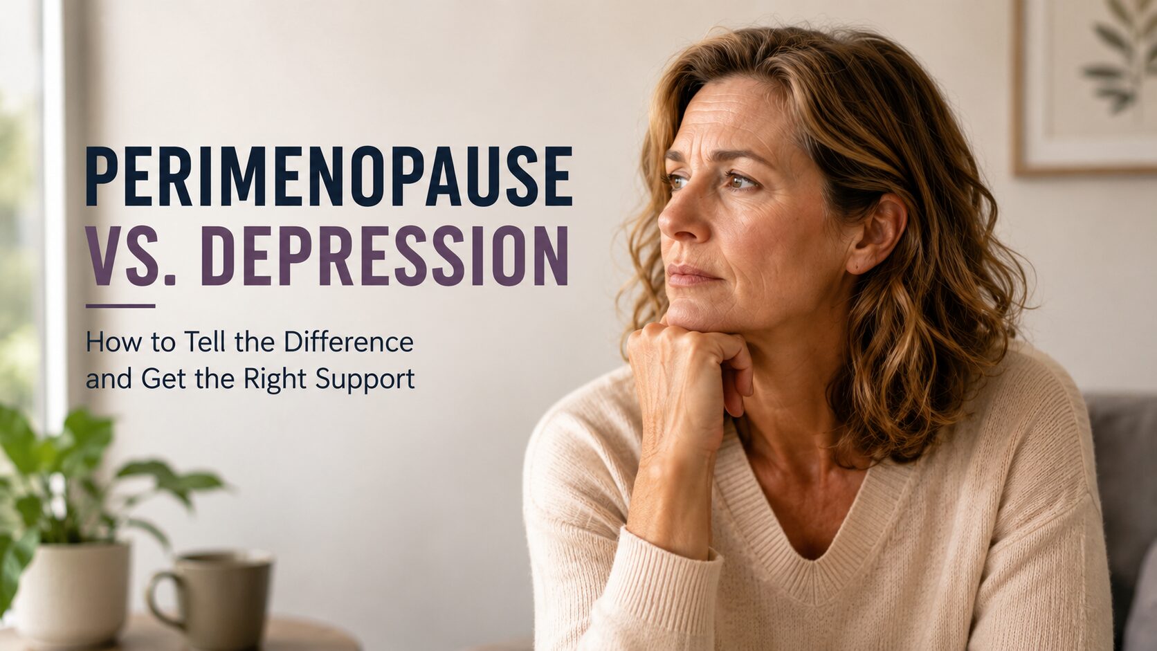 Woman in her mid-40s sitting thoughtfully at a kitchen table or by a window, soft natural light, contemplative expression