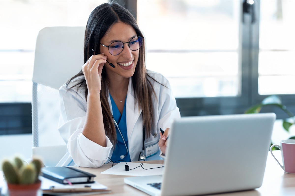 Telehealth psychiatrist meeting with a patient by secure video from her office, Family Psychiatry & Therapy, New Jersey and New York.