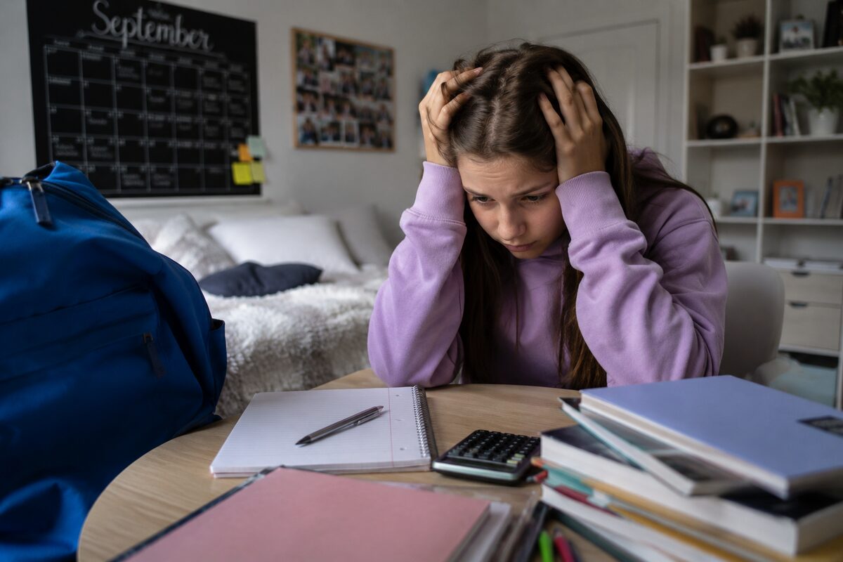 Child or young teen sitting at a kitchen table with a backpack nearby, thoughtful or hesitant expression, soft natural light