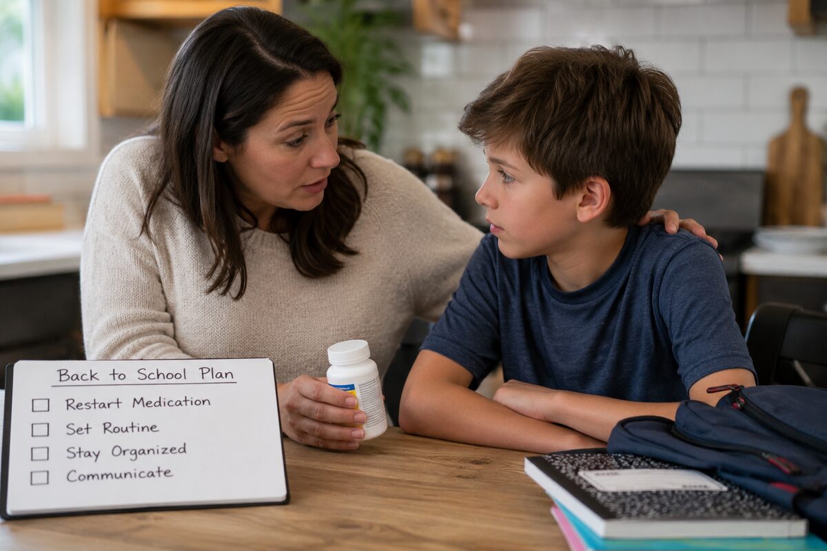 A parent and school-age child at a kitchen table with a calendar, calm and organized, soft natural light