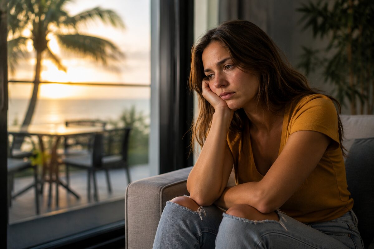 A person sitting quietly indoors near a bright window in summer, contemplative, slightly apart from the brightness outside