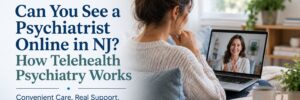 Adult at home on a secure video appointment with an online psychiatrist in New Jersey
