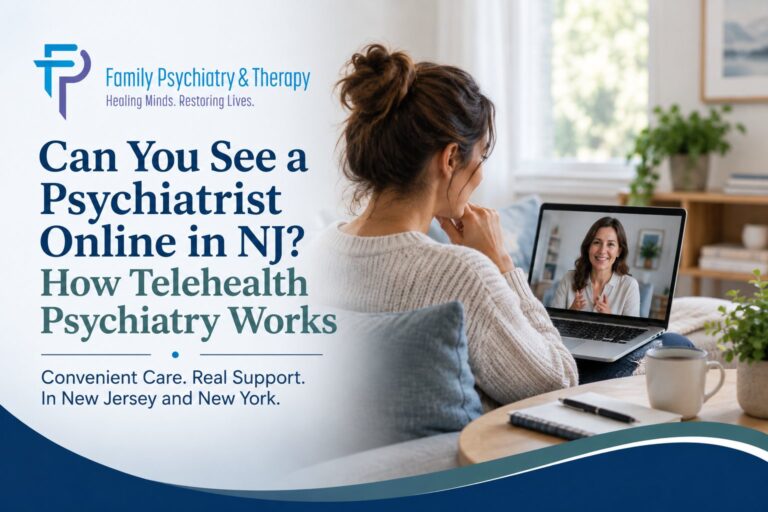 Adult at home on a secure video appointment with an online psychiatrist in New Jersey
