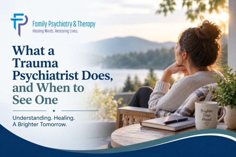 Woman sitting quietly on a porch overlooking a lake, considering seeing a trauma psychiatrist in New Jersey