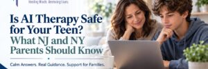 Is AI Therapy Safe for Your Teen? What NJ and NY Parents Should Know. A mother and her teenage son looking at a laptop together at home.