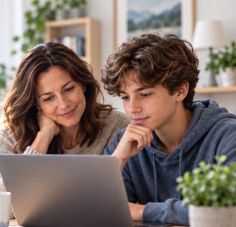 A mother and her teenage son looking at a laptop together at home