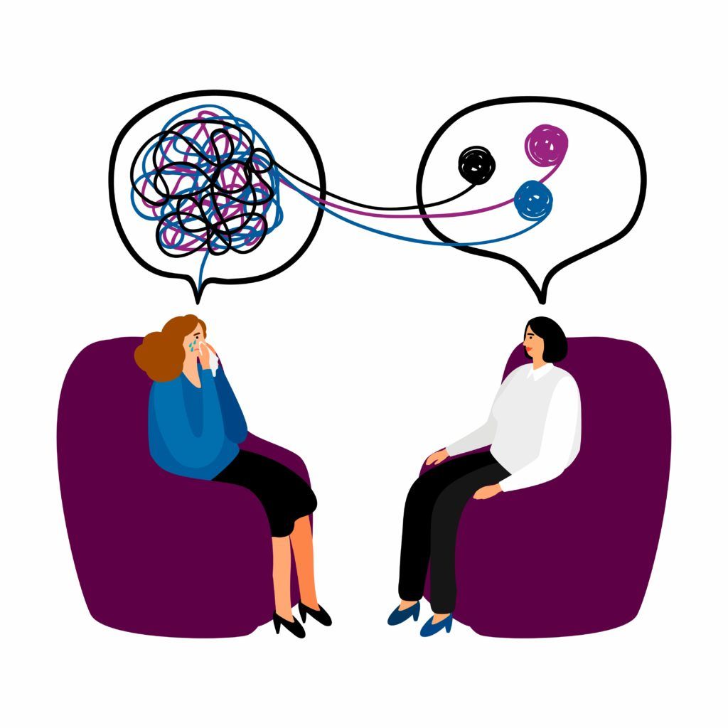 Cartoon of a patient with tangled thoughts talking to a therapist who is untangling and organizing the patient's thoughts
