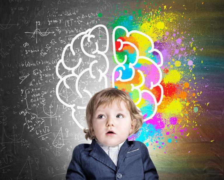 Blonde female toddler against a background with two halves of the brain showing logic and creativity