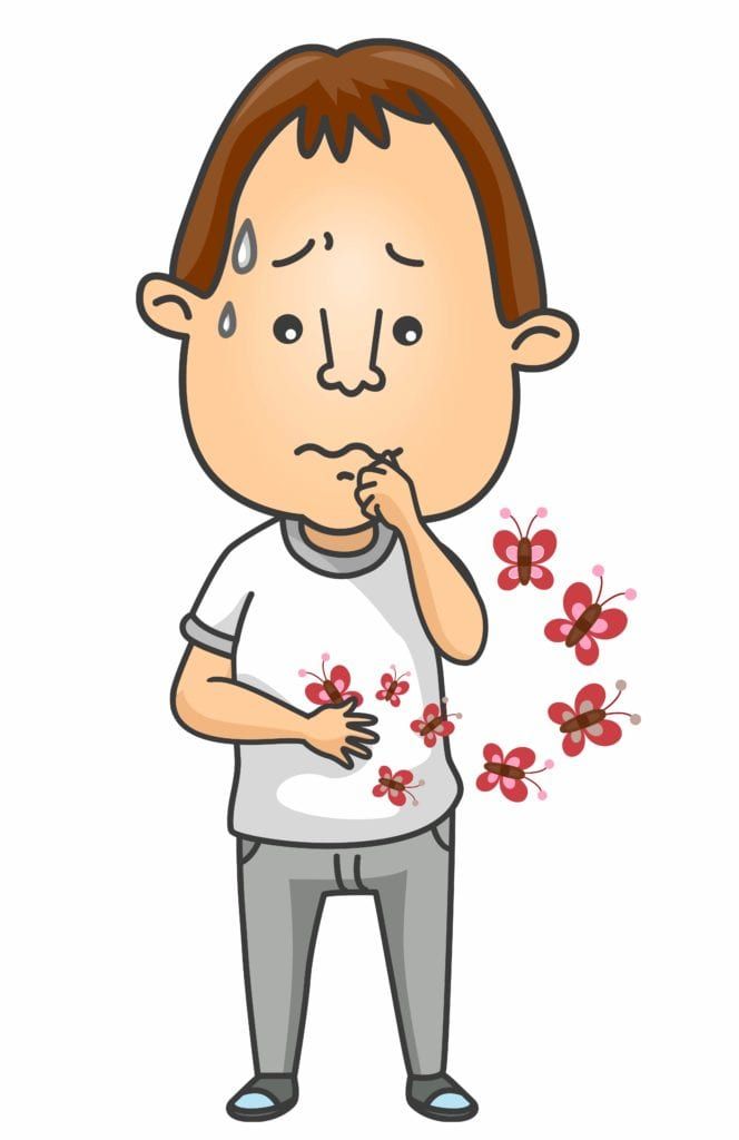 Cartoon man looking nervous with butterflies in his stomach
