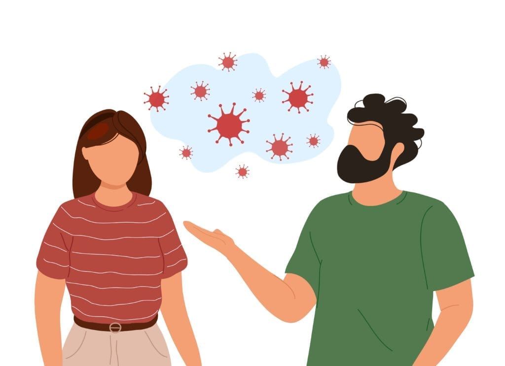 coronavirus spreading through the air during a close conversation